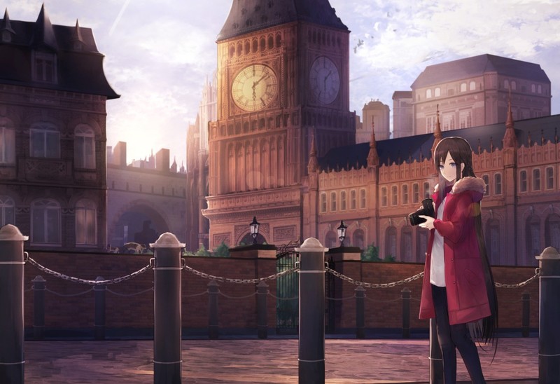 anime girls, town, camera