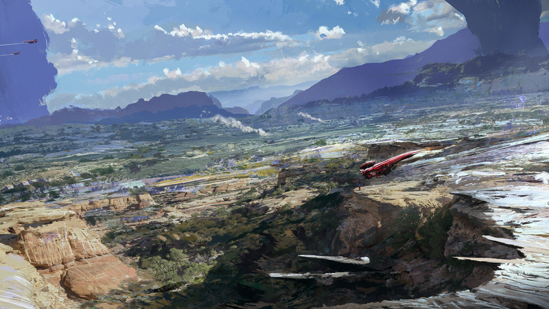 digital art, mountains, science fiction, spaceship