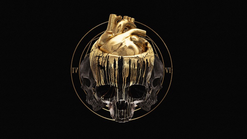 Apashe, skull and bones, gold, skull, heart, Roman numerals, circle, black background, black, dark, paint splatter