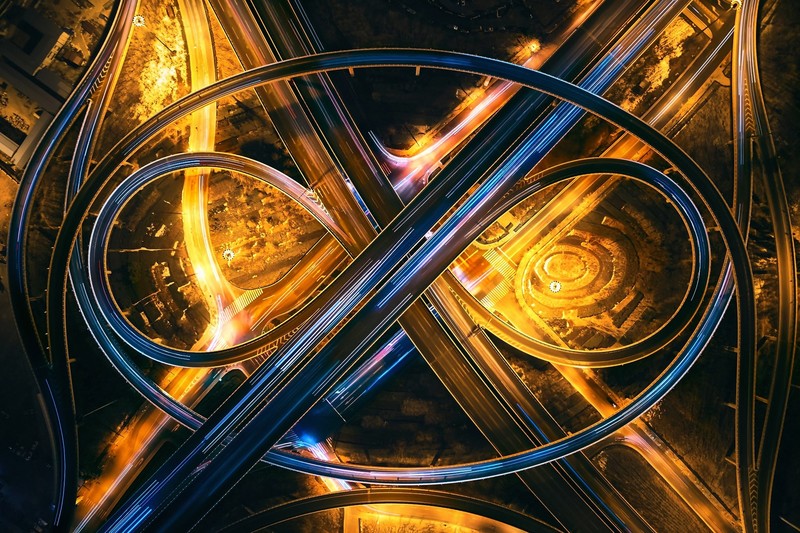 highway, long exposure, road, traffic, light trails