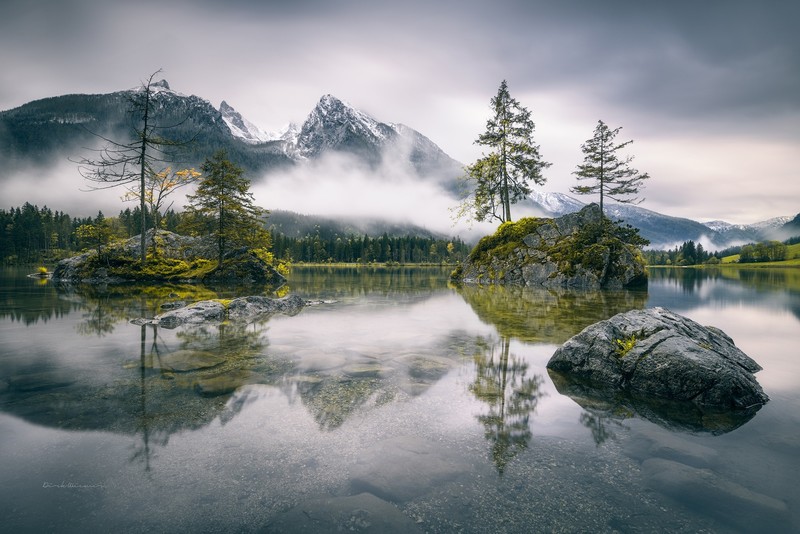 mountains, reflection, nature, trees, landscape, water, watermarked