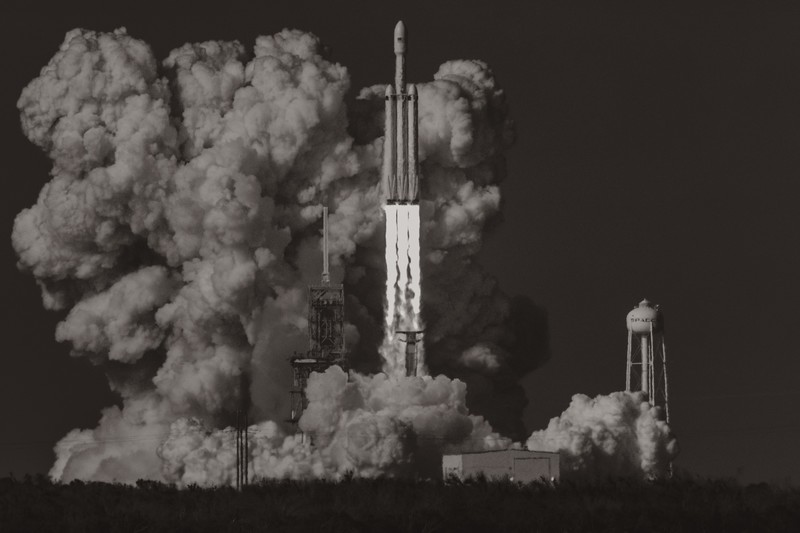 Launch, monochrome, artwork, rocket, SpaceX, Falcon Heavy, Elon Musk
