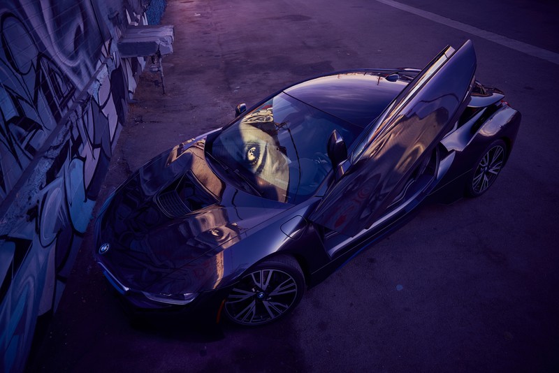 car, BMW, vehicle, dark, luxury cars, wall, graffiti, street, reflection, purple, BMW i8, high angle