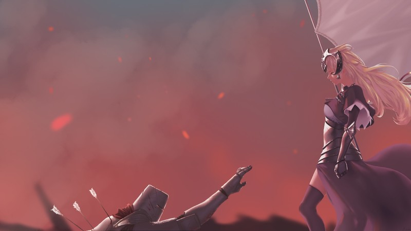 Fate/Grand Order, Ruler (Fate/Grand Order), Jeanne dArc, blonde, anime girls, knight, Fate Series, armor, spear, long hair, arrows, battlefields, video games