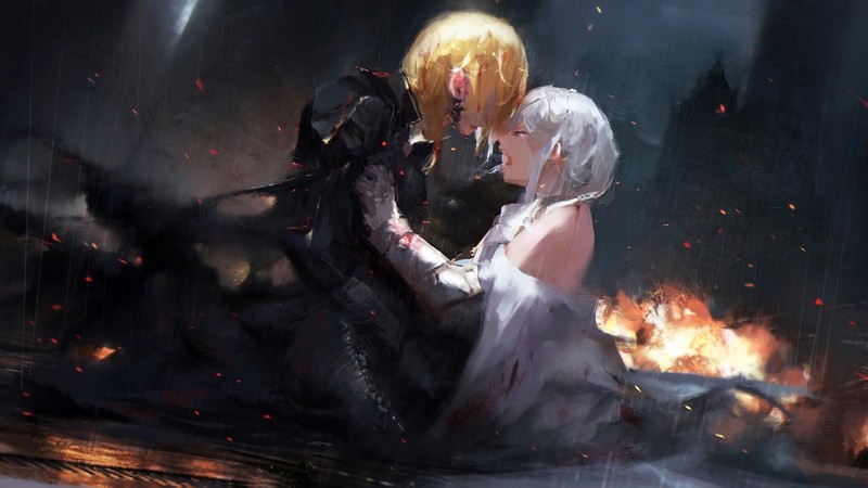 Fate/Grand Order, Jeanne dArc, Fate Series, Saber (Fate/Grand Order), Ruler (Fate/Grand Order), anime girls, blonde, white hair, armor, fire, tears, rain, Artoria Pendragon