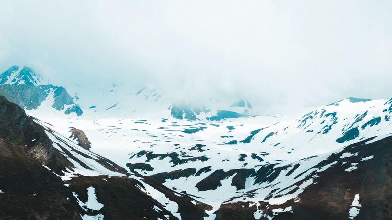 mountains, snow, clouds, slope, cliff, 4k