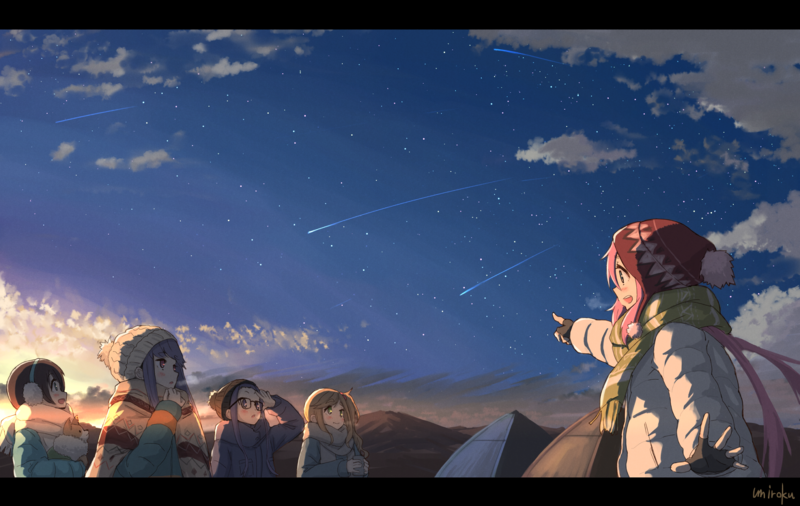 anime girls, Yuru Camp, Aoi Inuyama, Chiaki Oogaki, Nadeshiko Kagamihara, Rin Shima, clouds, winter, cold, 2D, pink hair, long hair, Ena Saitou, blue hair, brunette, women with glasses, starry night, clear sky, mountains, fan art