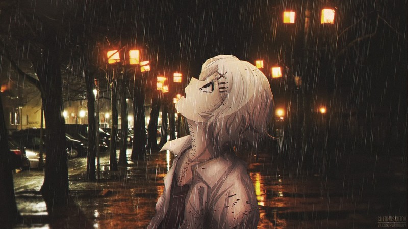 Tokyo Ghoul, Nana Osaki, anime girls, rain, night, city, looking up, anime