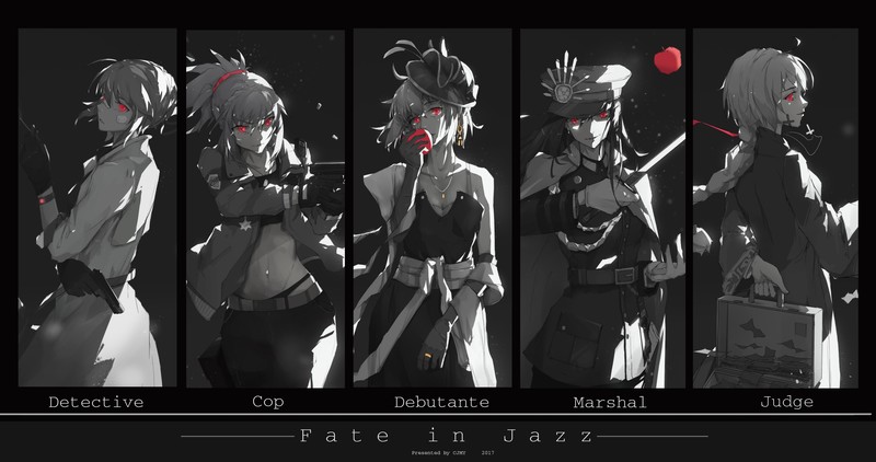 Fate/Grand Order, Fate Series, Okita Souji, Mordred, Jeanne dArc, Oda Nobunaga, Mordred (Fate/Apocrypha), red eyes, monochrome, sword, gun, apples, cigarettes, Artoria Pendragon, video games