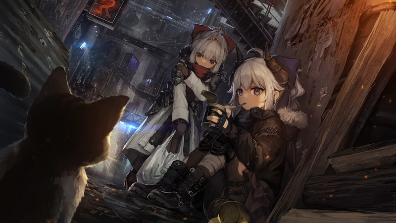 anime girls, horns, cats, white hair