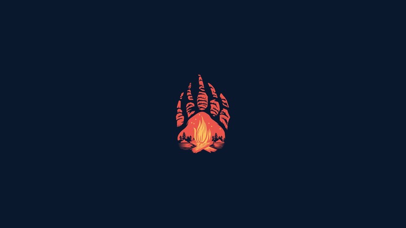 illustration, campfire, paws, bears, blue background, mountains, trees