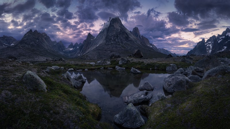 mountains, clouds, water, landscape, valley, sky, grass, snow