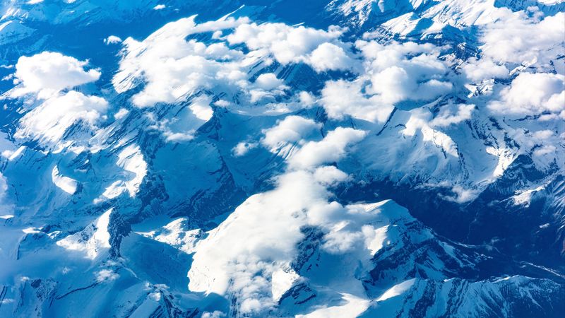mountains, clouds, aerial view, peaks, snowy, 4k