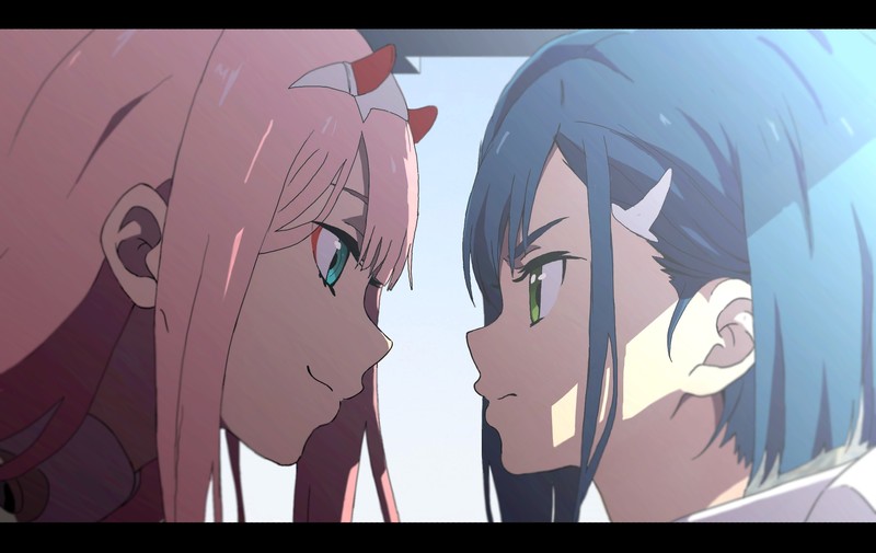 Darling in the FranXX, anime, Zero Two (Darling in the FranXX), Ichigo (Darling in the FranXX), pink hair, blue hair, blue eyes, green eyes