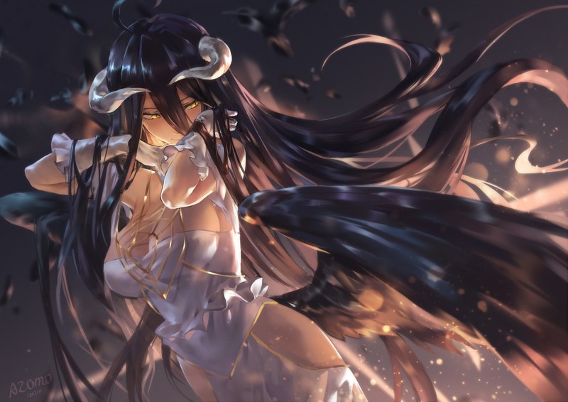 cleavage, dress, white dress, horns, wings, Black wings, gloves, white gloves, yellow eyes, black hair, long hair, azomo, avamone, boobs, Overlord, Albedo (OverLord)