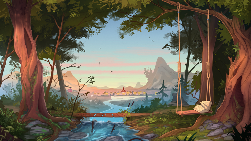 artwork, trees, landscape, river, town