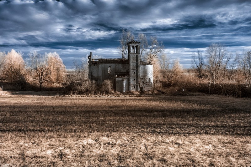 blue, sky, field, landscape, ruin