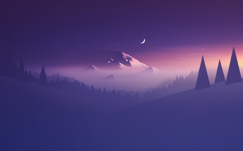 mountains, trees, Moon, landscape, stars, artwork, minimalism, mist