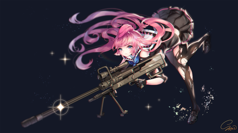 sniper rifle, stockings, skirt, pink hair, anime girls, girls with guns, Girls Frontline, ntw-20 (Girls Frontline), long hair, scopes, torn clothes