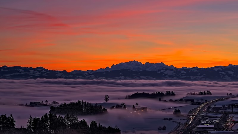 sunset, mountains, highway, clouds