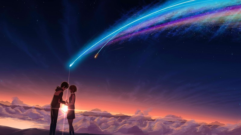 Kimi no Na Wa, anime, anime girls, sky, shooting stars, stars, neon