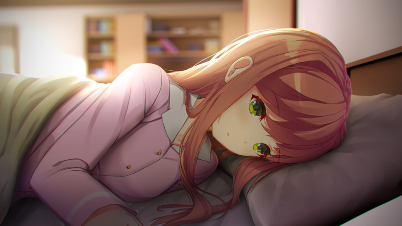 Doki Doki Literature Club, Monika (Doki Doki Literature Club), in bed, anime girls, green eyes
