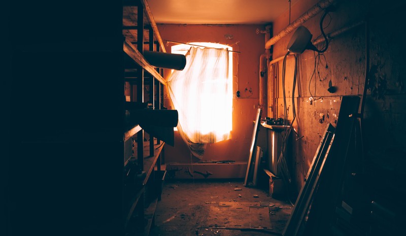 sunlight, warm colors, window, urban decay, curtains, abandoned