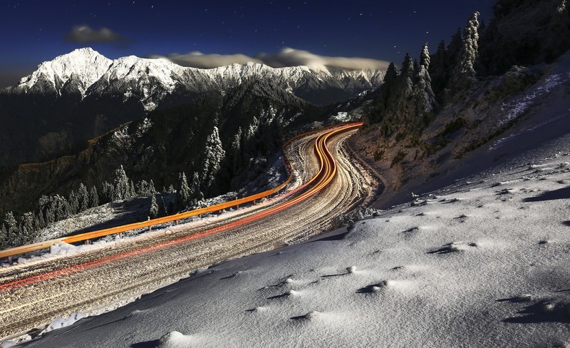 long exposure, road, mountains, snow, winter
