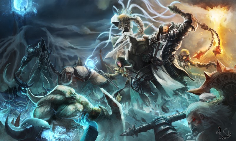 digital art, artwork, Diablo, Diablo III, video games, Tyrael, Malthael, angel, wings, Barbarian, Demon Hunter (Diablo), crusaders, flail, Axe, sword, shield, Blizzard Entertainment