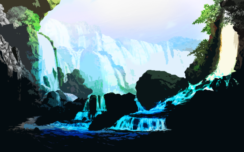 8-bit, Bit, landscape, waterfall, mountains, sky, nature, blue, cyan