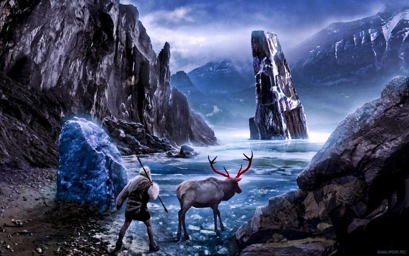 Romantically Apocalyptic, digital art, apocalyptic, fantasy art, nature, mountains, rock, snow, deer, frost