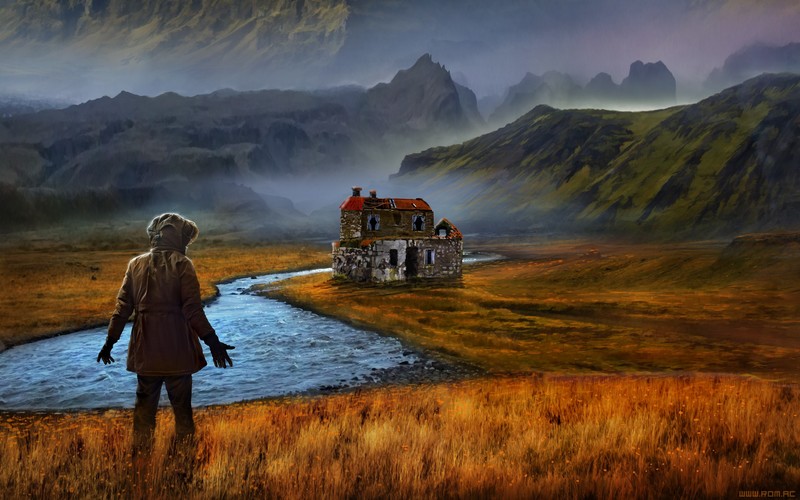 Romantically Apocalyptic, digital art, apocalyptic, nature, landscape, mountains, field, mist, stream, house