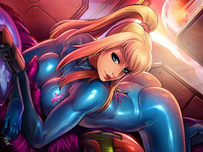 Samus Aran, Zero Suit Samus, reiq, boobs, bodysuit, blue eyes, cartoon, Metroid