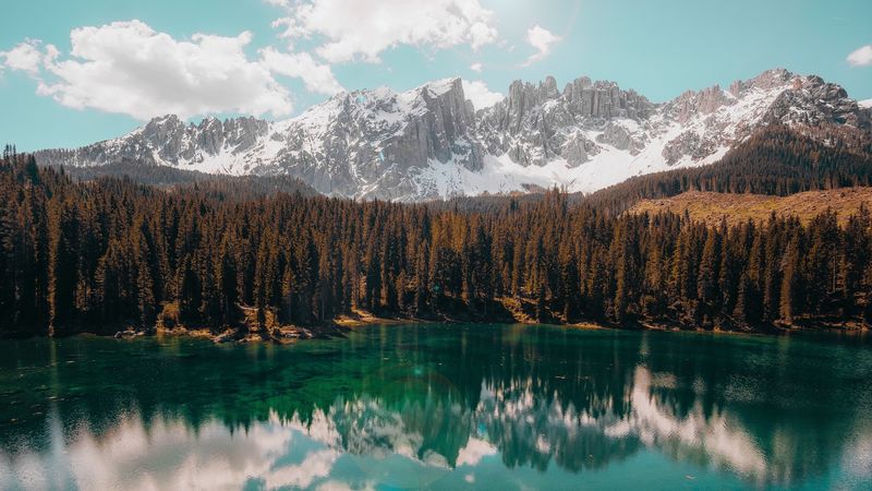 lake, mountains, reflection, trees, landscape, sky, 4k