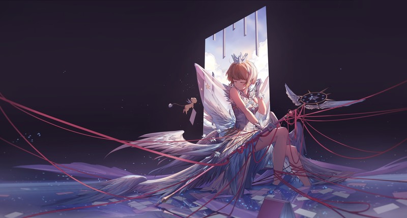 scepters, crown, wings, fantasy weapon, brunette, closed eyes, dress, books, water, blue background, short hair, paper, reflection, pendant, stars, gloves, origami, Cardcaptor Sakura, Miv4t, Kinomoto Sakura, cards, Kerberos (Cardcaptor Sakura), anime girls