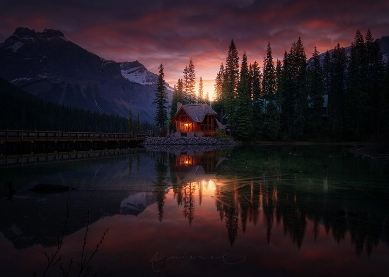 nature, reflection, house, pine trees, sunset, mountains, sky, water, sunlight