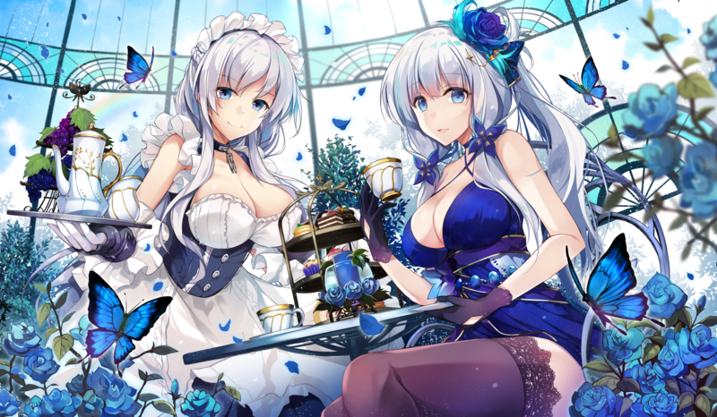Azur Lane, white hair, blue eyes, Belfast (Azur Lane), Illustrious (Azur Lane)