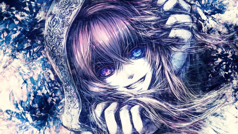blue eyes, hands on head, hoods