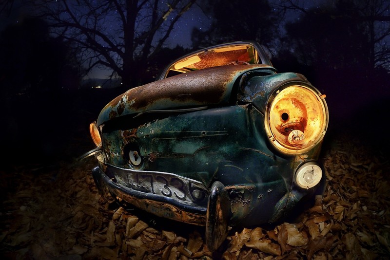 vehicle, car, dark, wreck, rust, night, fallen leaves, old car, fall