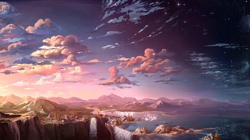anime, landscape, waterfall, clouds, natural light
