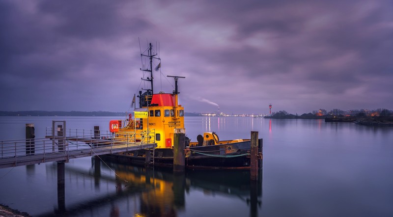 water, boat, vehicle, calm, overcast, violet, evening, city lights, yellow, clouds