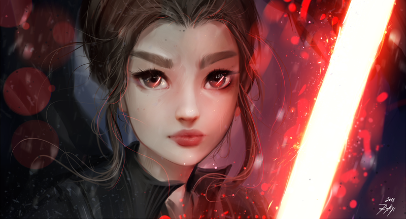 digital art, artwork, Star Wars, women, Sith, brunette, lightsaber, face, Rey