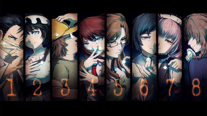 Steins;Gate, okabe rintaro, Shiina Mayuri, Hashida Itaru, Makise Kurisu, Kiryuu Moeka, Urushibara Ruka, Amane Suzuha, collage, numbers, Faris Nyannyan