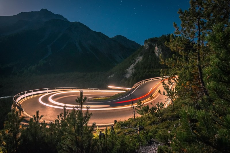 long exposure, light trails, mountain pass, depth of field