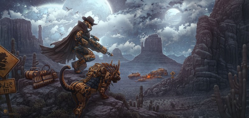 bounty hunter, cowboys, machine