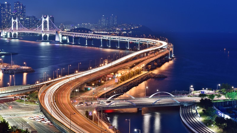 night, road, photography, South Korea, Busan, bridge, light trails