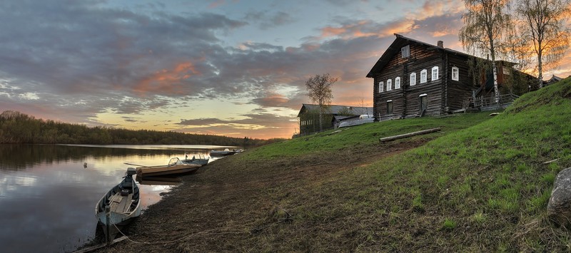 landscape, house, water, river, boat, cabin