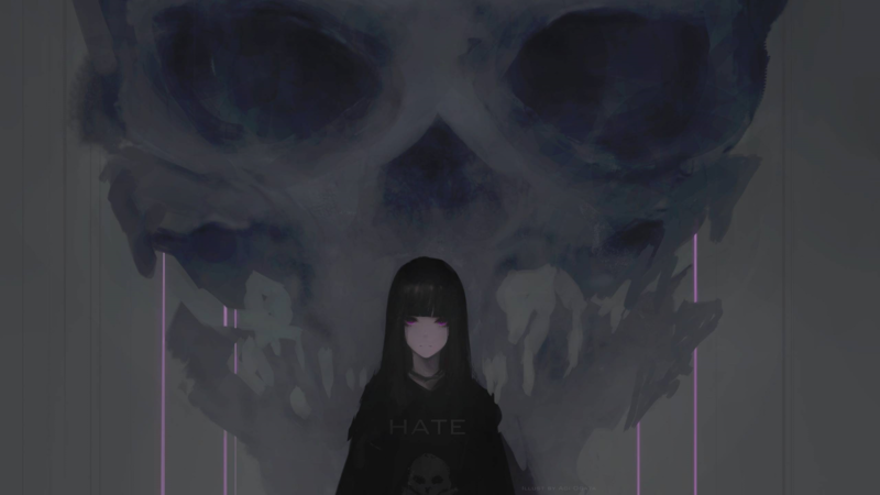 digital art, artwork, Aoi Ogata, women, hate, hate-chan, brunette, long hair, black hair, purple eyes, looking at viewer, skull, anime girls, original characters, anime