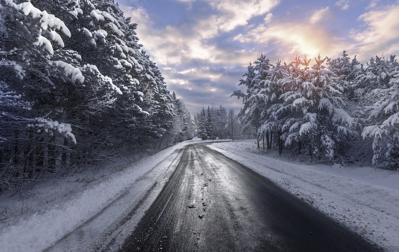 winter, road, snow, trees