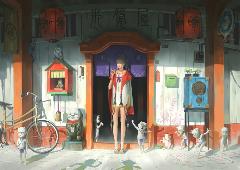 women, goblin, dress, door, bicycle, Zeen Chin